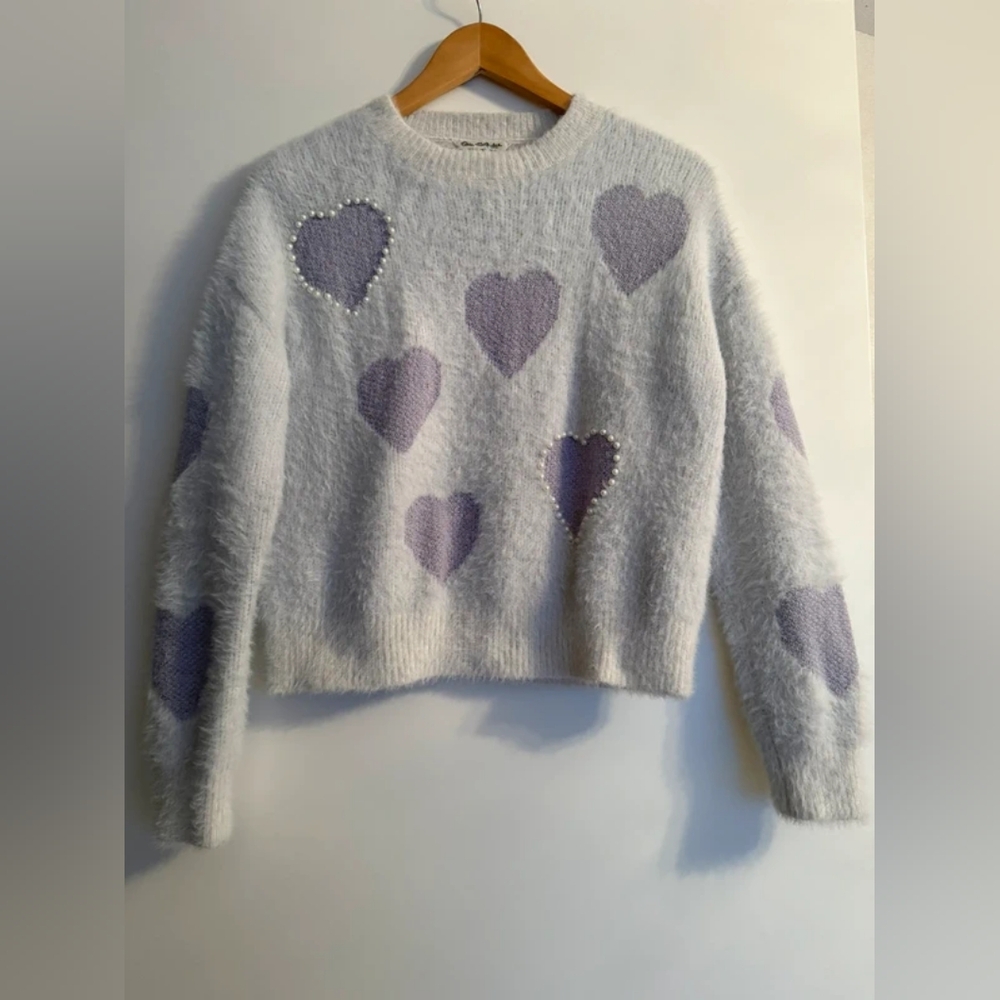 Miss Selfridge Light Gray and Purple Heart Sweater